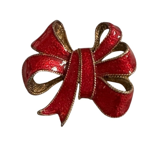 Elegant Candy Apple Red and Gold Bow Brooch - Picture 1 of 4